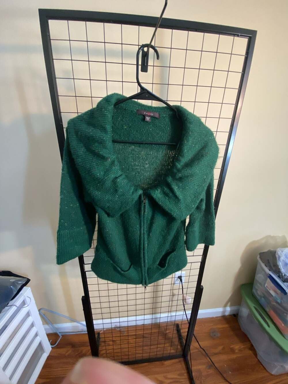 Fever Green Cowl Neck Zip Up Shimmer Knit Sweater Small